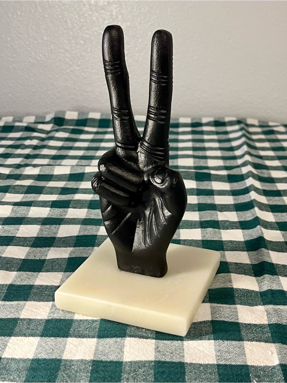 Contemporary 8" Metal Peace Sign Sculpture Peace Sign Statue on White Marble